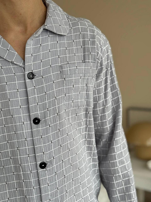 Мужской домашний костюм из муслиновой ткани на пуговицах Серый XS-S Харьков - изображение 3