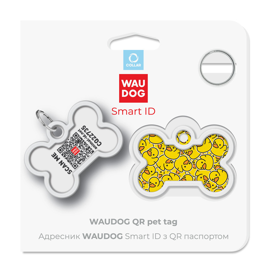 Адресник для собак і котів металевий WAUDOG Smart ID з QR-паспортом, малюнок "Каточки", кістка, Д 40 мм, Ш Вінниця - фото 5