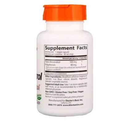 Антиоксидант Doctor's Best Ресвератрол, Trans-Resveratrol, 100 мг, 60 гелевих капсул (DRB-00171) Вінниця