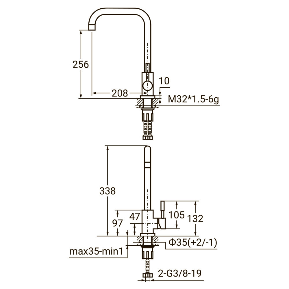 Смеситель KT Ø35 для кухни Г-гусак на гайке SS AQUATICA KT-4B270P (9722111) Киев - изображение 2