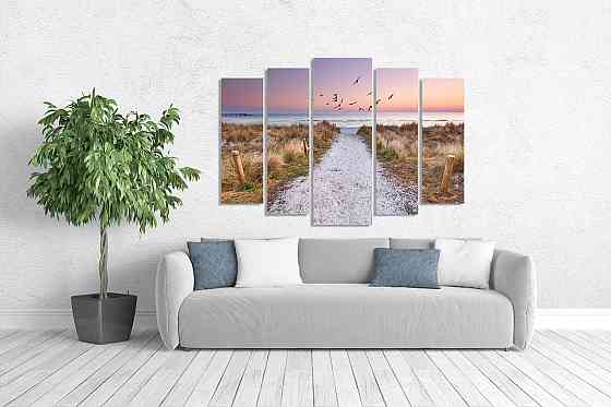 Модульна картина у вітальню/спальню Захід з чайками на березі океану   LM016_5 115x170 см Київ