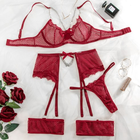 Прозорий комплект білизни з ланцюжками S бордовий Київ - фото 2