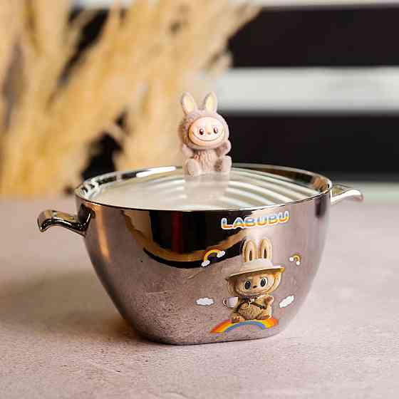 Бульйонниця порцелянова Labubu з кришкою та ручками 800 (мл) Ø15 (см) дитяча тарілка для супу та локшини Сріблястий з коричневим FM-34B Коломия