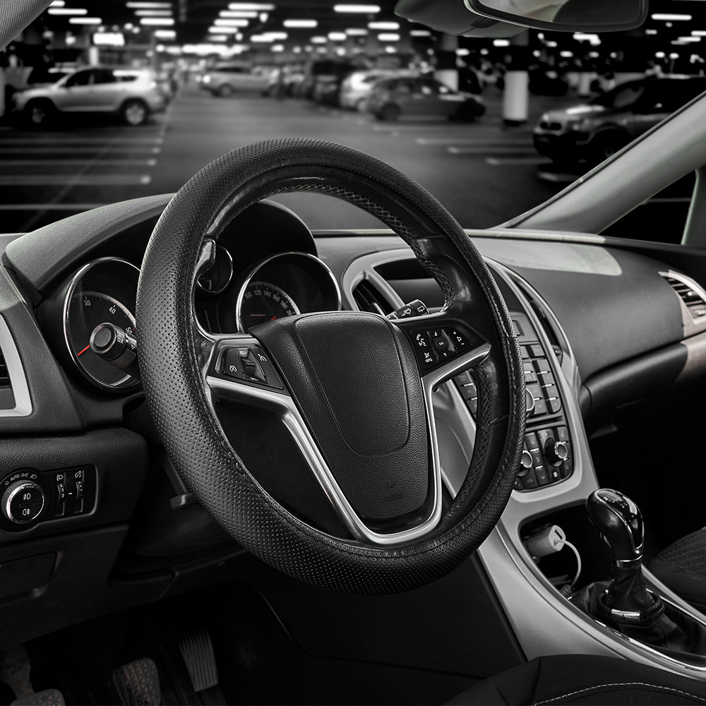 Чехол на руль Carlife 37-39см, экокожа, черный, один шов, перфорированный SW141M Львов - изображение 2