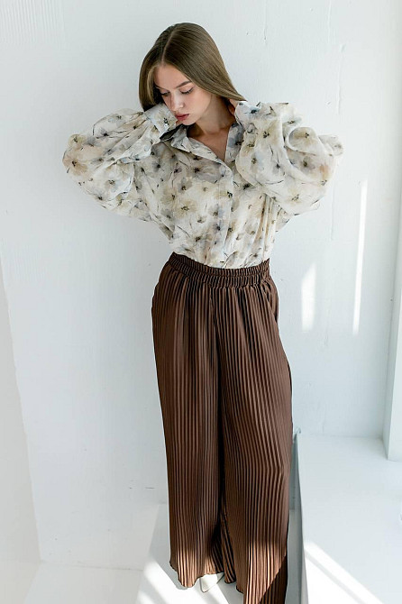 Женский романтичный костюм двойка: рубашка и плиссированные брюки дабл шелк армани + тенсел Одесса - изображение 5