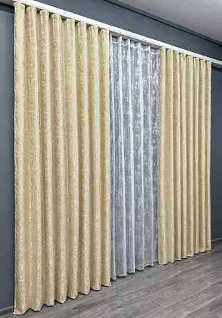 Комплект штор VR-Textil Льон Мармур 100х270 2шт і Тюль 300х270 1909ш-1400т Кремовий з білим 71-137/1 Київ