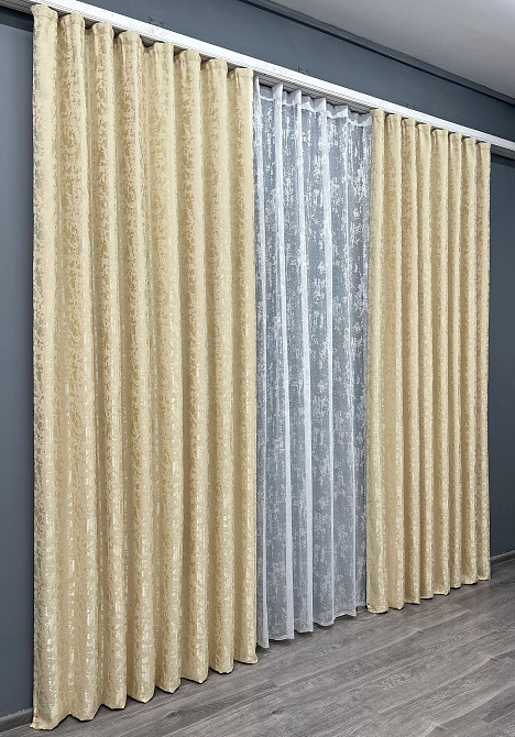 Комплект штор VR-Textil Льон Мармур 100х270 2шт і Тюль 300х270 1909ш-1400т Кремовий з білим 71-137/1 Київ - фото 3
