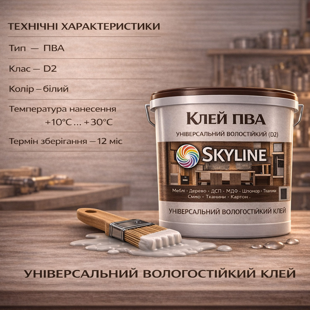 Клей ПВА D2 водостійкий SkyLine 3 кг — столярний універсальний клей для дерева, ДСП, МДФ і меблів Харків - фото 10