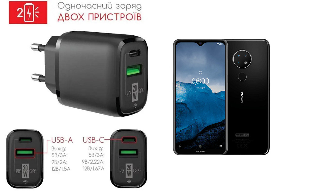 Сетевое зарядное устройство для Nokia 6.2, 20W 3A, Quick Charge 3.0 Киев - изображение 1
