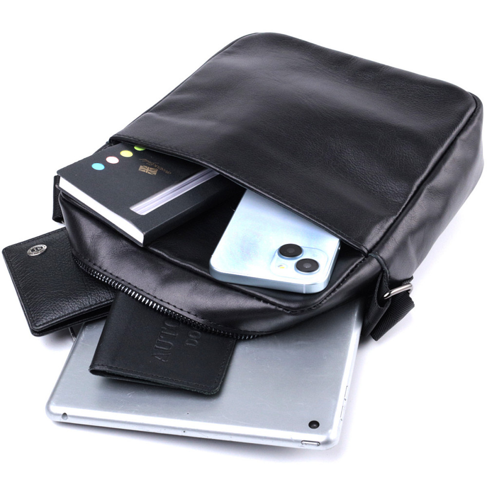 Сумка для чоловіків через плече із глянсової натуральної шкіри Shvigel 22849 Чорна Київ - фото 8