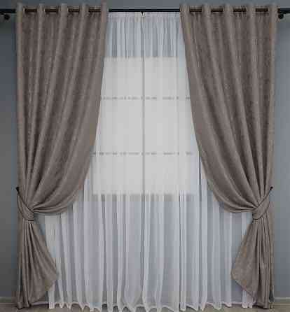 Комплект штор на люверсах VR-Textil Льон мармур Pavliani № 1373ш 150х250 см 2 шт Коричнево-сірий (37-0046) Київ