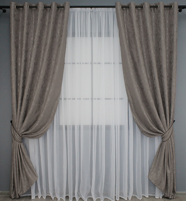 Комплект штор на люверсах VR-Textil Льон мармур Pavliani № 1373ш 150х250 см 2 шт Коричнево-сірий (37-0046) Київ - фото 2
