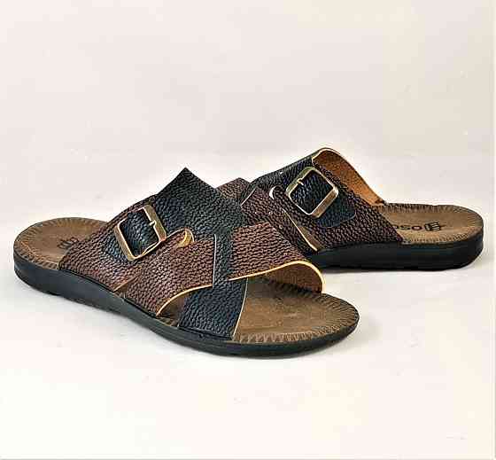 Мужские Шлёпанцы Тапочки Сланцы Чёрные с Коричневым Кожаные (размеры: 41,42,43,44) Днепр