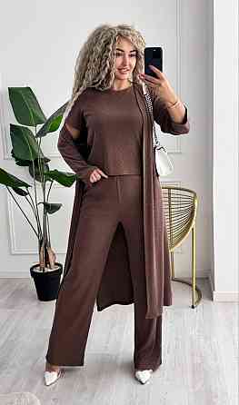 Женский базовый прогулочный костюм тройка: кардиган футболка и штаны трикотажный рубчик Мокко, 50/52 Одесса