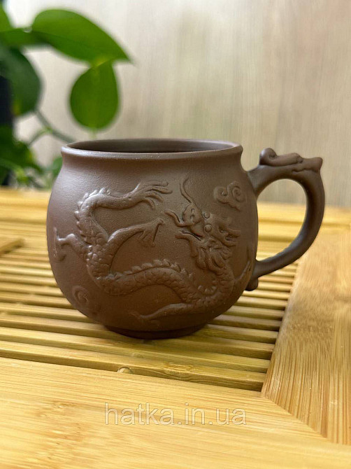 Набір кухлів 2 шт для чаю ісинська глина 200 мл "Лун-дракон" коричнева Київ - фото 1