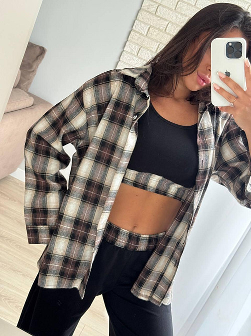 Жіночий прогулянковий костюм-трійка: сорочка в клітинку топ і штани фланель + двонитка Шоколад, 46/48 Одеса - фото 1