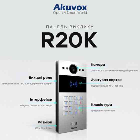 IP-відеопанель багатоабонентська 2Mp Akuvox R20K Silver зі зчитувачем EM-Marine / Mifare / NFC (87-00035) Киев