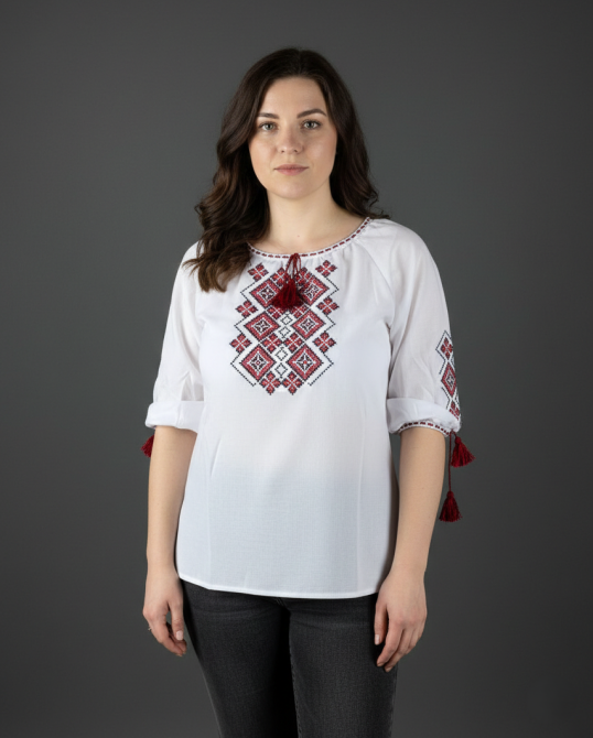 Вышиванка женская из домотканого полотна с красным праздничным орнаментом Киев - изображение 1