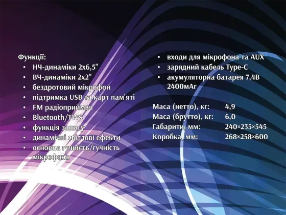 Акустична переносна колонка ZXX-5504 1000Вт 2x6,5" 240х235х545мм TWS/FM/USB/TF/BT/LED/REC/MIC Київ