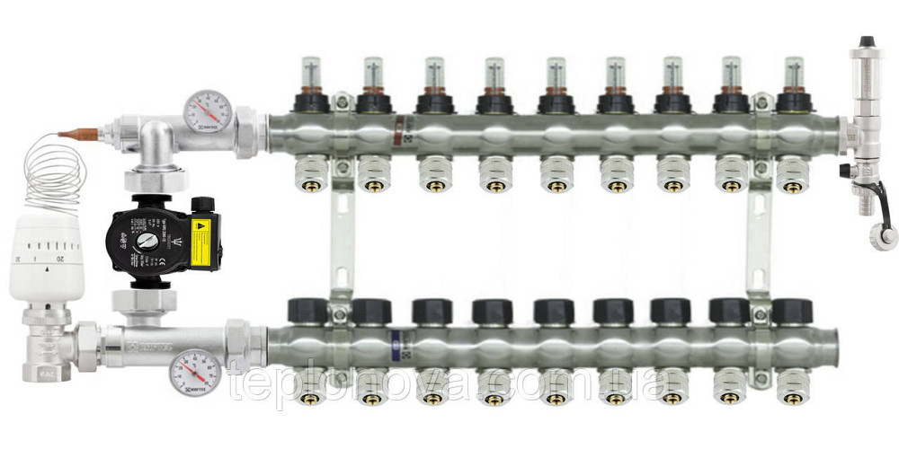 Колектор в зборі на 9 пар виходів нержавійка  "Raftec" ARC9 для Теплої Підлоги з розходомірами Чернівці - фото 9