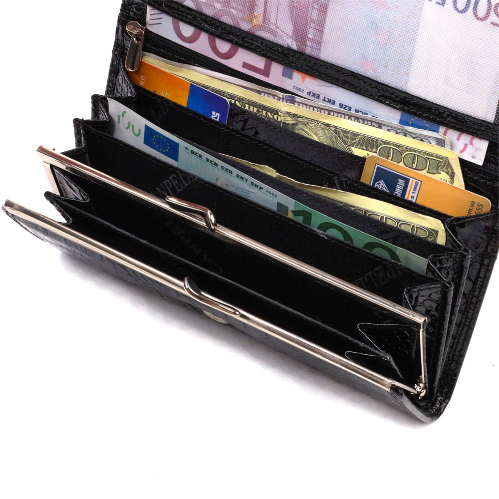 Стильный женский кошелек из лакированной натуральной кожи с тиснением под крокодила CANPELLINI 21707 Черный Киев - изображение 6