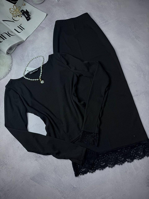 Жіночий стильний костюм з мерживом лонг+спідниця ( міні)  рубчик+мереживо Одеса - фото 5