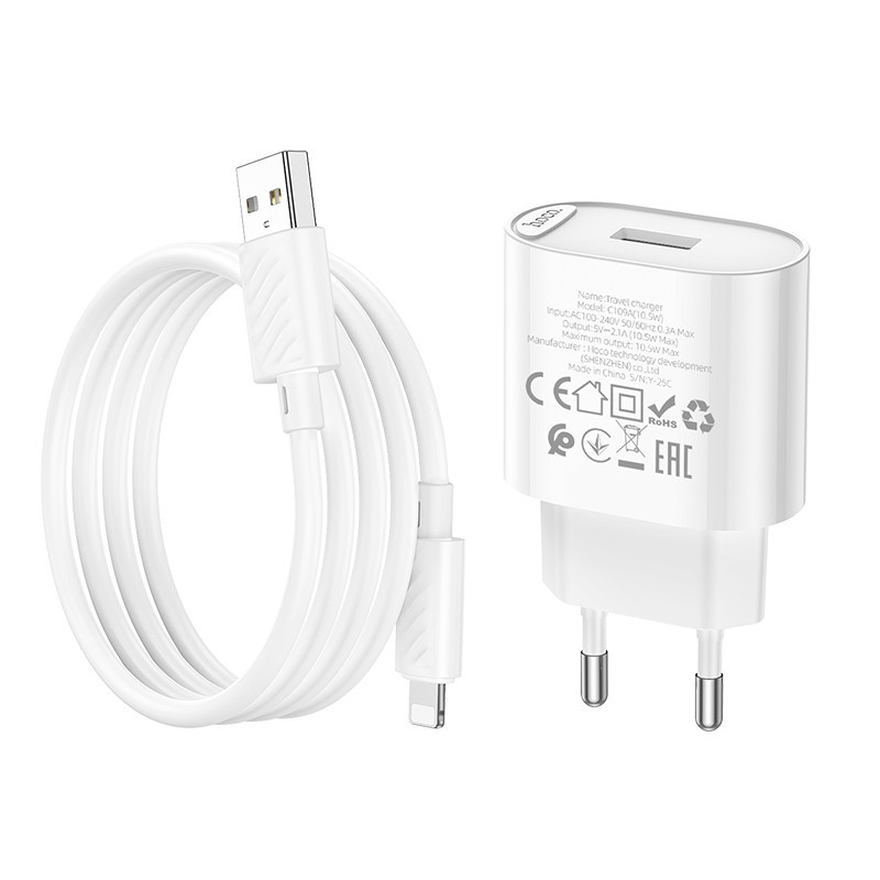 Мережевий зарядний пристрій з кабелем HOCO C109A(10.5W) Fighter single port charger set(iP) White Одеса - фото 7