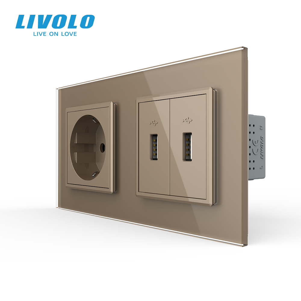 Розетка з заземленням з 2 USB розетками Livolo золотой скло (VL-C7C1EU2USB-13) Коломыя - изображение 1