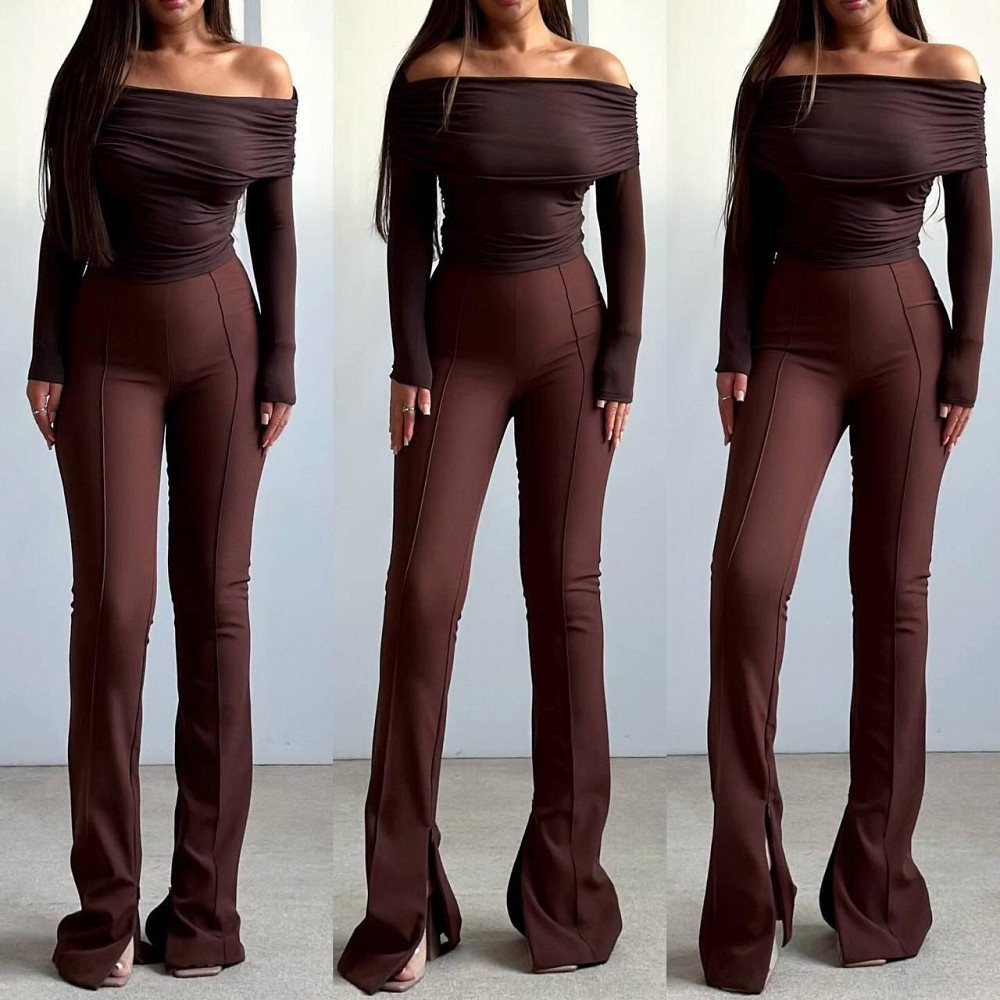 Жіночий лонгслів із відкритими плечима та витонченим драпіруванням трикотаж масло Шоколад Одеса - фото 1