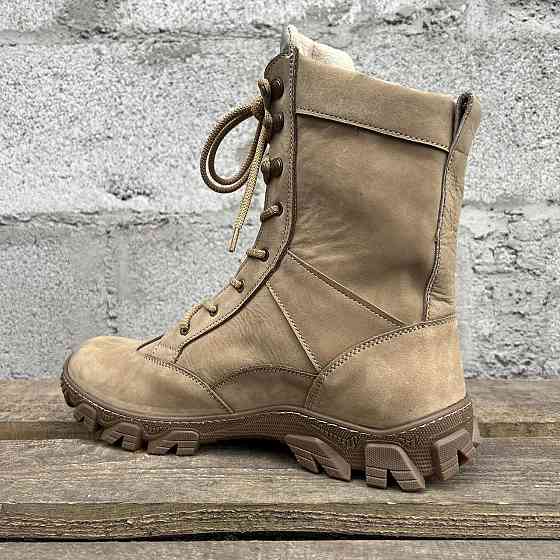 Чоловічі військові шкіряні демісезонні берці ТАЙФУН бежеві, міцні військові берці прошити та проклеєні Львів