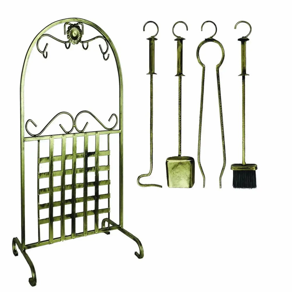 Кований набір для каміну з сіткою K-010 (стійка, совок, щітка, кочерга, щипці) Київ - фото 1