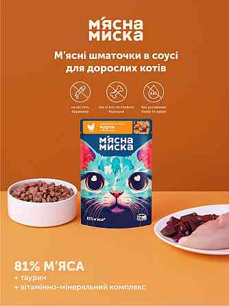 Вологий корм для дорослих котів М'ясна миска шматочки в соусі з куркою та печінкою, 100 г Вінниця