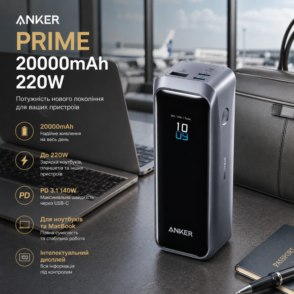 Павербанк Anker Prime 20000mAh 220W Швидка зарядка PD 140W Зовнішній акумулятор для ноутбука та MacBook Чорний Київ - фото 9