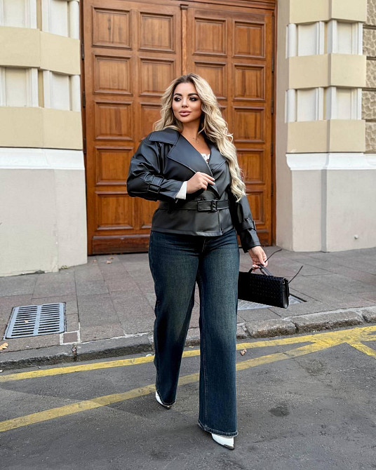 Стильна жіноча повсякденна куртка з екошкіри Чорний, 50/52 Одеса - фото 3