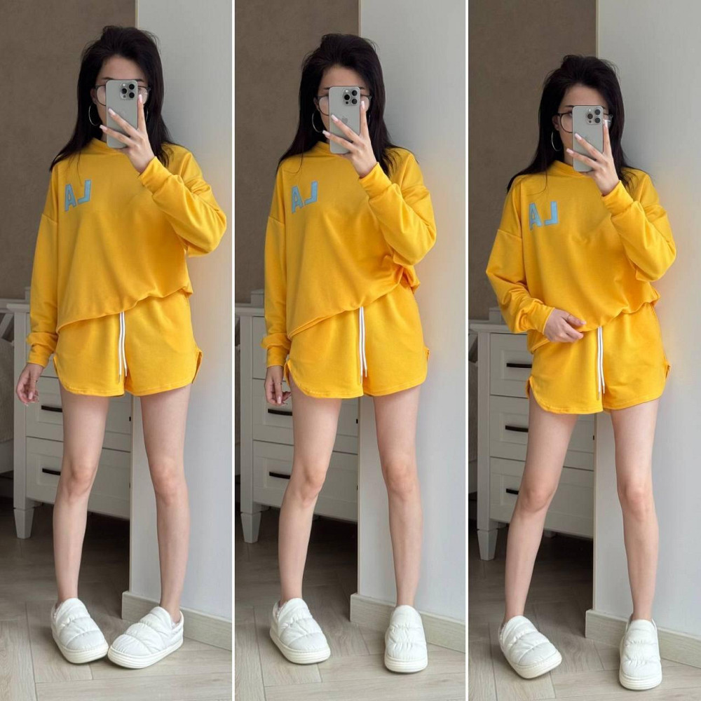 Жіночий прогулянковий костюм-двійка: кофта та шорти турецька двонитка Жовтий Одеса - фото 1