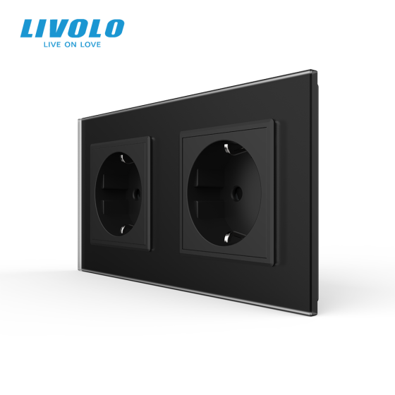 LIVOLO Подвійна електрична розетка з заземленням LIVOLO, чорна, скляна матова рамка, шторки, 25 Коломия