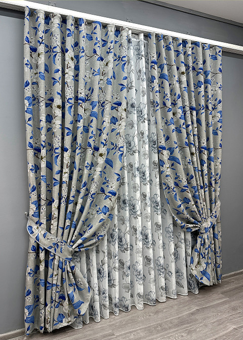Комплект штор VR-Textil Лен Прованс 150х265 2шт и Тюль 500х265 1725ш-1543т Светло-серый с синим и белым 71-105/4 Киев - изображение 2