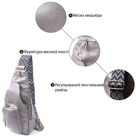Зручна жіноча сумка з екошкіри з акцентом на текстильну лямку Vintage 22777 Сірий Київ