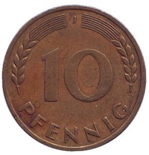 Дубове листя. Монета 10 пфенігів. 1950 рік (J), ФРН.(Г) Полтава - фото 1