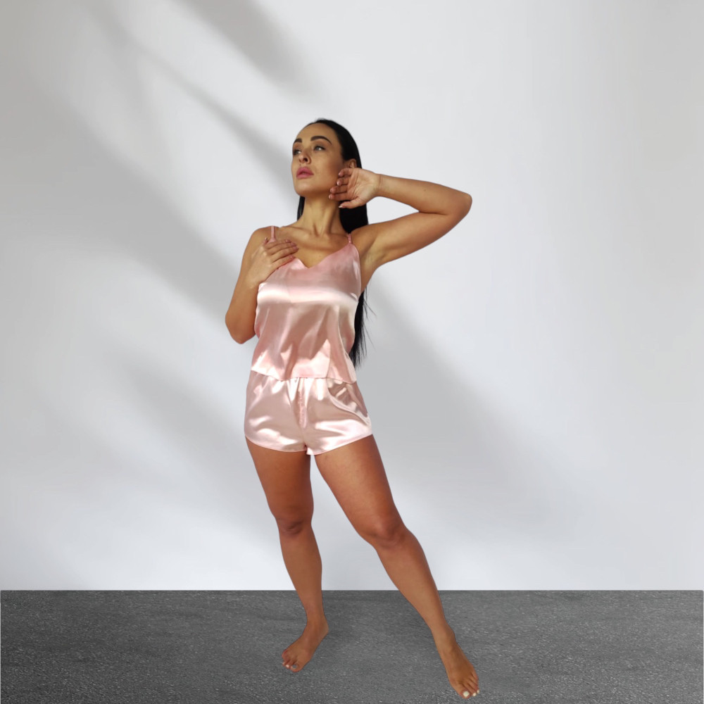 Пижама женская с шортами атласная Пудровый XXL Харьков - изображение 1
