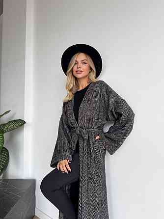 Жіночий довгий кардиган із поясом і кишенями. Чорно-білий, 42/44 Одеса