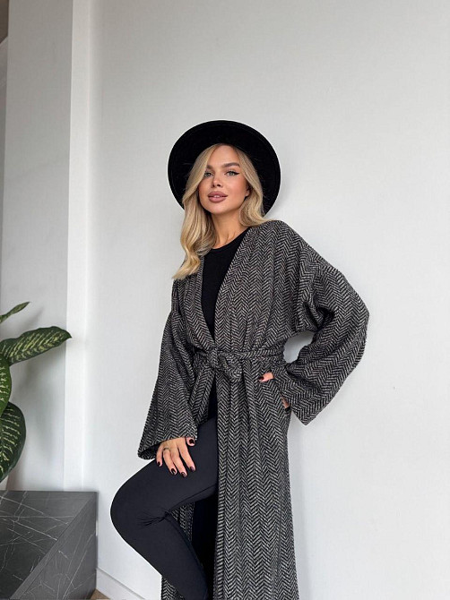 Жіночий довгий кардиган із поясом і кишенями. Чорно-білий, 42/44 Одеса - фото 5