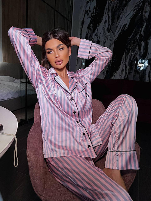 Женская шелковая пижама двойка в полоску Розовый, 48/50 Одесса - изображение 1