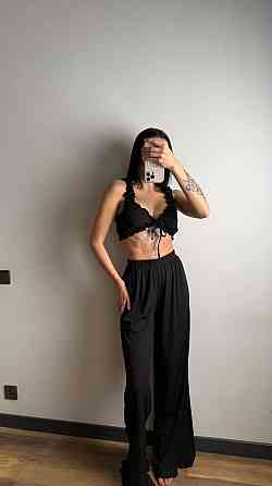 Жіноча піжама-двійка: топ і штани з романтичними рюшами рубчик Чорний Одеса