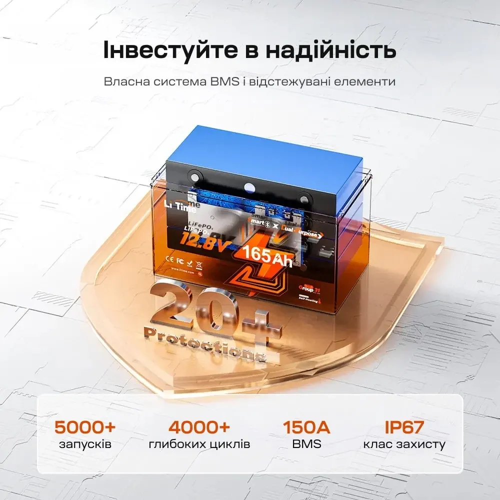 Акумуляторна батарея літій-залізо-фосфатна з Bluetooth та підігрівом стартерна / тягова 12.8В 165А*год LiFePO4 LiTime Dual Purpose Київ - фото 10