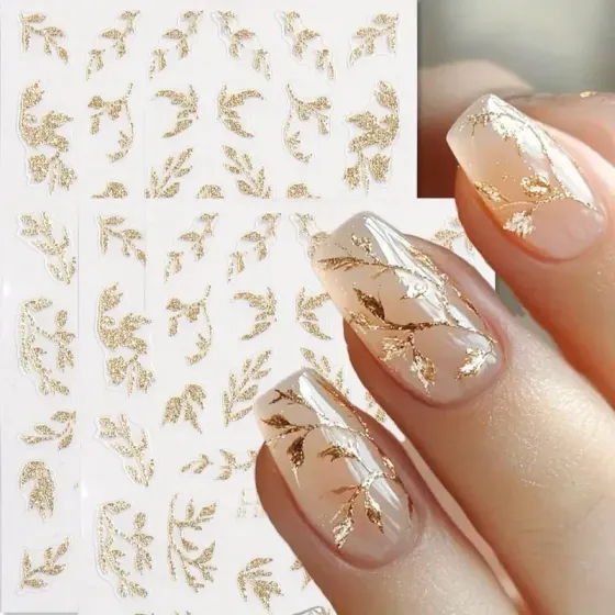 3D золоті наклейки для нігтів – блискучі листочки і гілочки, самоклейний декор для манікюру Київ