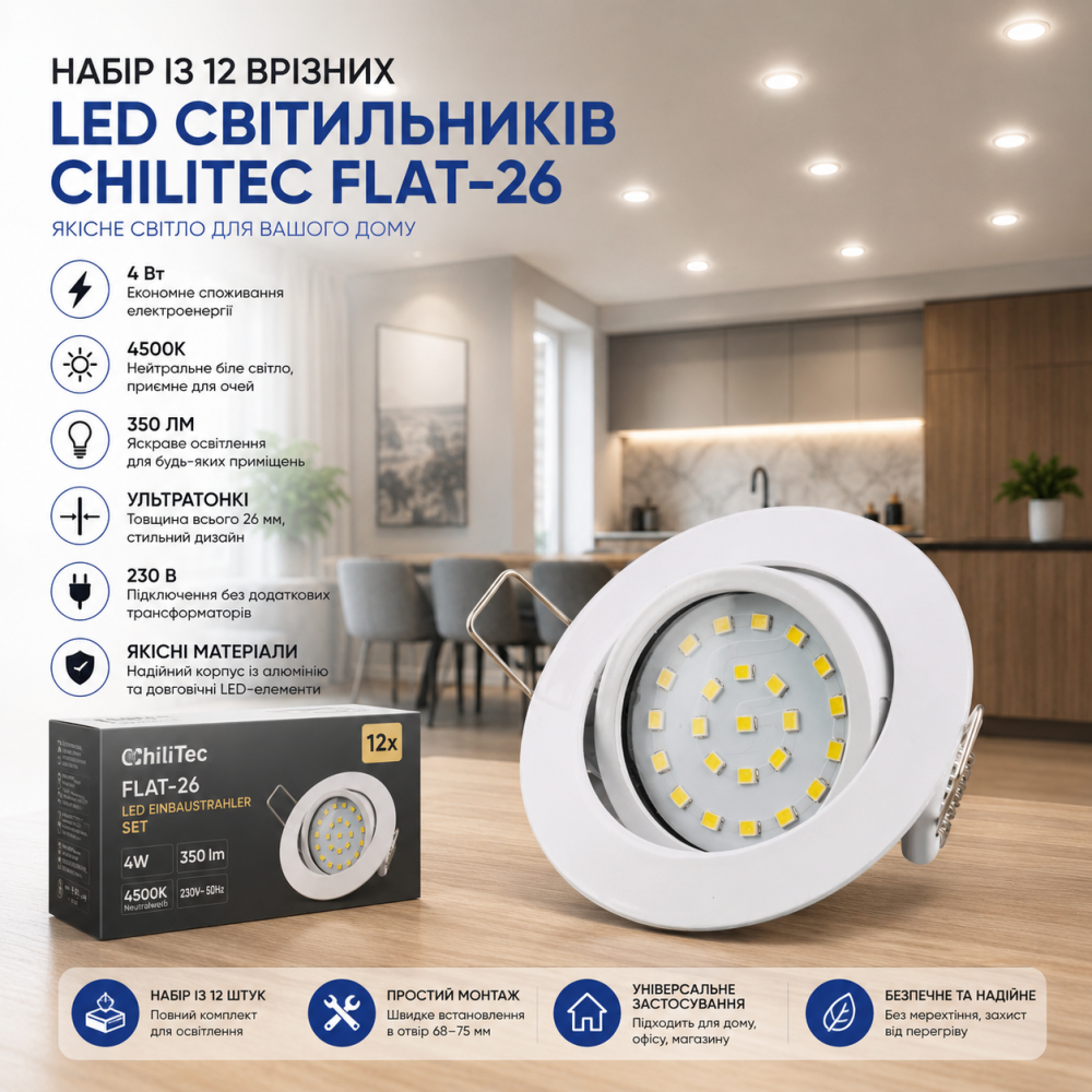 Набір із 12 врізних LED світильників ChiliTec Flat-26, 4 Вт, 4500K, 350 лм, ультратонкі, білі, 230 В Київ - фото 6