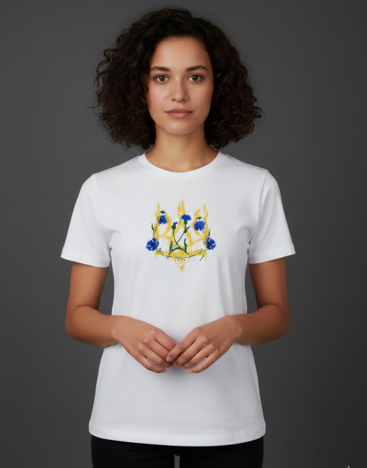 Жіноча футболка вишита з великим Тризубом (колески та волошки) біла M Київ - фото 1