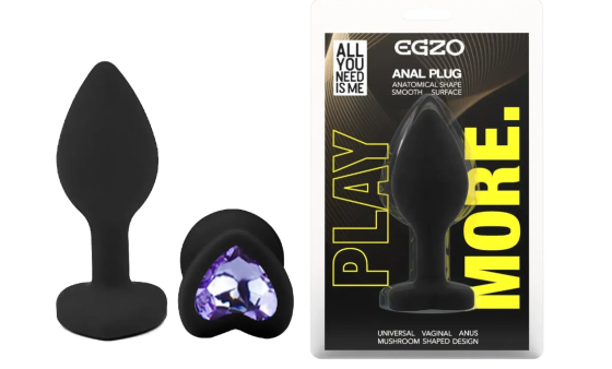 Силиконовая анальная пробка EGZO - Silicone Black Heart Plug Amethyst, size S Sex Aura Киев