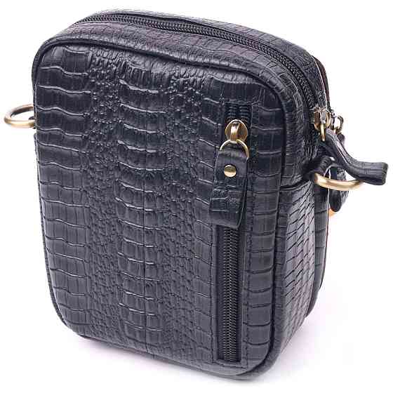 Небольшая мужская сумка из натуральной кожи с фактурой под крокодила 21299 Vintage Черная Киев
